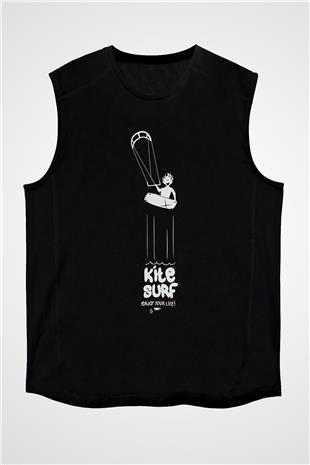 Uçurtma Kayağı - Kite Board Baskılı Unisex Siyah Kolsuz Tişört