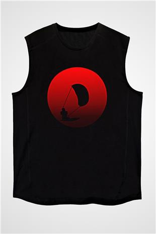 Uçurtma Kayağı - Kite Board Baskılı Unisex Siyah Kolsuz Tişört