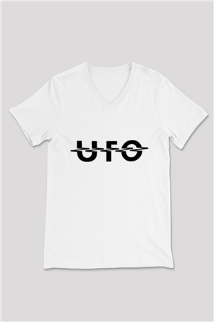 UFO Beyaz Unisex V Yaka Tişört T-Shirt