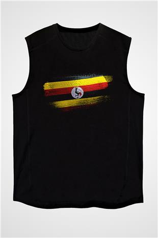 Uganda Bayrağı Baskılı Unisex Siyah Kolsuz Tişört