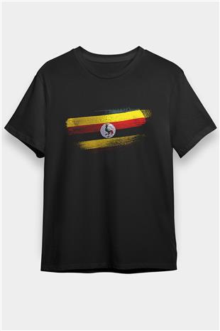 Uganda Bayrağı Baskılı Unisex Siyah Tişört