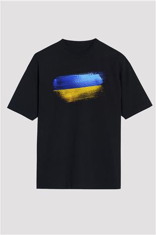 Ukrayna - Ukraine Bayrağı Baskılı Unisex Siyah Oversize Tişört