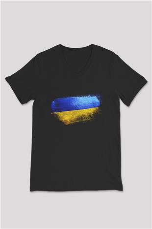 Ukrayna - Ukraine Bayrağı Baskılı Unisex Siyah V Yaka Tişört