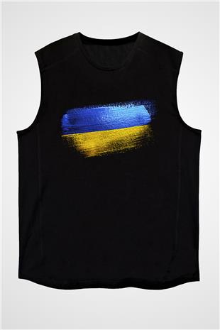 Ukrayna - Ukraine Bayrağı Baskılı Unisex Siyah Kolsuz Tişört