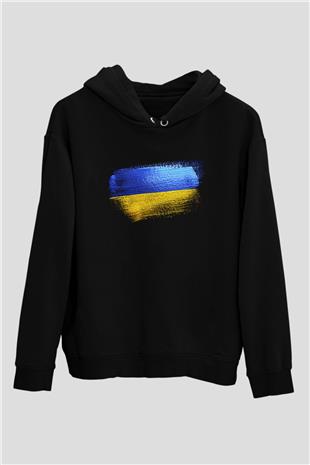 Ukrayna - Ukraine Bayrağı Baskılı Unisex Siyah Kapüşonlu Sweatshirt