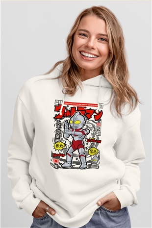 Ultraman Baskılı Unisex Beyaz Hoodie