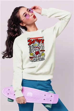 Ultraman Baskılı Unisex Beyaz Sweatshirt