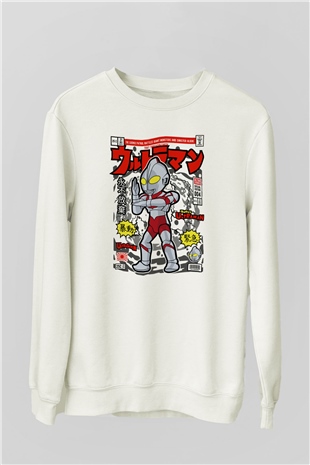 Ultraman Baskılı Unisex Beyaz Sweatshirt