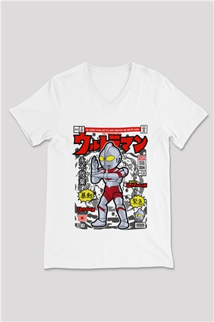 Ultraman Baskılı Unisex Beyaz V Yaka Tişört