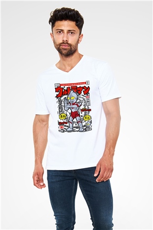 Ultraman Baskılı Unisex Beyaz V Yaka Tişört