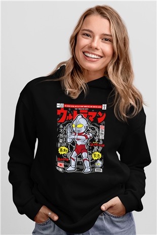 Ultraman Baskılı Unisex Siyah Hoodie