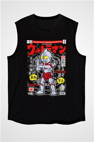 Ultraman Baskılı Unisex Siyah Kolsuz Tişört