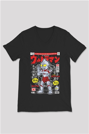 Ultraman Baskılı Unisex Siyah V Yaka Tişört