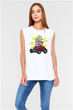 Ultraman Hotrod Baskılı Unisex Beyaz Kolsuz Tişört