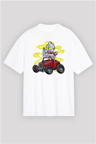Ultraman Hotrod Baskılı Unisex Beyaz Oversize Tişört