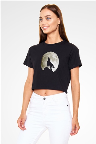 Uluyan Kurt Baskılı  Siyah  Crop Top Tişört