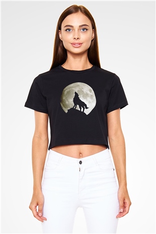 Uluyan Kurt Baskılı  Siyah  Crop Top Tişört