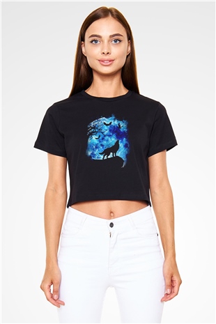 Uluyan Kurt Temalı Baskılı Siyah  Crop Top Tişört