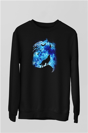 Uluyan Kurt Temalı Baskılı Siyah  Sweatshirt
