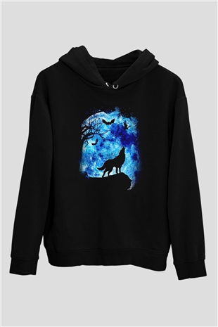 Uluyan Kurt Temalı Siyah  Unisex Hoodie