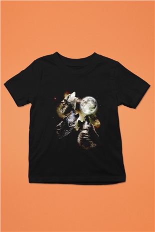 Uluyan Kurtlar Baskılı Unisex Siyah  Çocuk Tişört