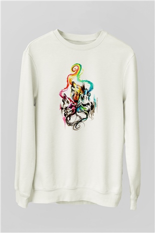 Uluyan Renkli Kurtlar Baskılı Unisex Beyaz  Sweatshirt