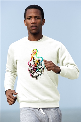 Uluyan Renkli Kurtlar Baskılı Unisex Beyaz  Sweatshirt