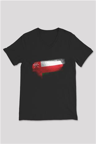 Umman - Oman Bayrağı Baskılı Unisex Siyah V Yaka Tişört