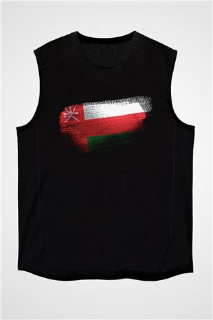 Umman - Oman Bayrağı Baskılı Unisex Siyah Kolsuz Tişört