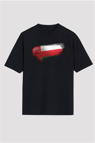 Umman - Oman Bayrağı Baskılı Unisex Siyah Oversize Tişört