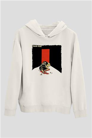 Uncle Acid Baskılı Beyaz Unisex Kapüşonlu Sweatshirt