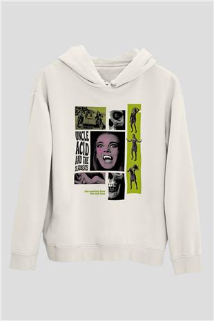 Uncle Acid Baskılı Beyaz Unisex Kapüşonlu Sweatshirt