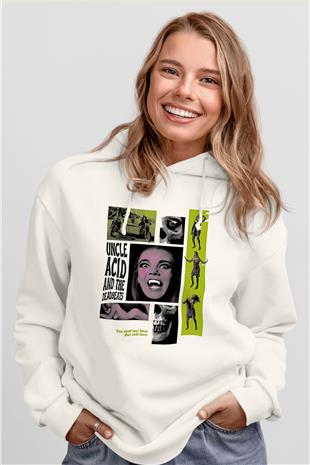 Uncle Acid Baskılı Beyaz Unisex Kapüşonlu Sweatshirt