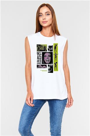 Uncle Acid Baskılı Beyaz Unisex Kolsuz Tişört - Tshirt