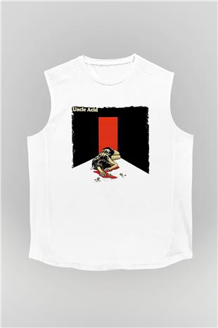 Uncle Acid Baskılı Beyaz Unisex Kolsuz Tişört - Tshirt