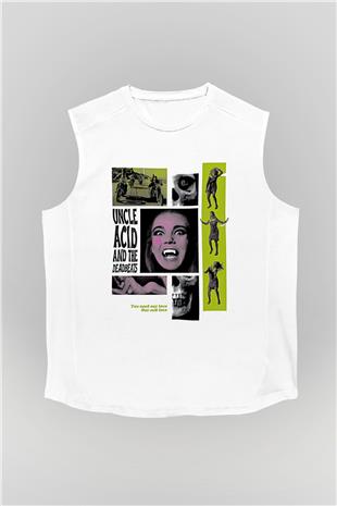 Uncle Acid Baskılı Beyaz Unisex Kolsuz Tişört - Tshirt