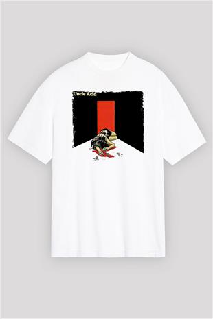 Uncle Acid Baskılı Beyaz Unisex Oversize Tişört - Tshirt