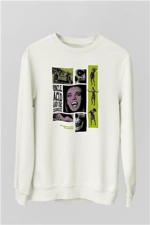 Uncle Acid Baskılı Beyaz Unisex Sweatshirt