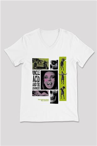 Uncle Acid Baskılı Beyaz Unisex V Yaka Tişört - Tshirt