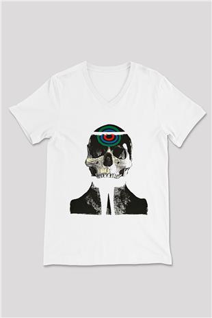 Uncle Acid Baskılı Beyaz Unisex V Yaka Tişört - Tshirt