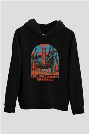 Uncle Acid Baskılı Unisex Siyah Kapüşonlu Sweatshirt