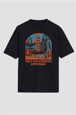Uncle Acid Baskılı Unisex Siyah Oversize Tişört - Tshirt