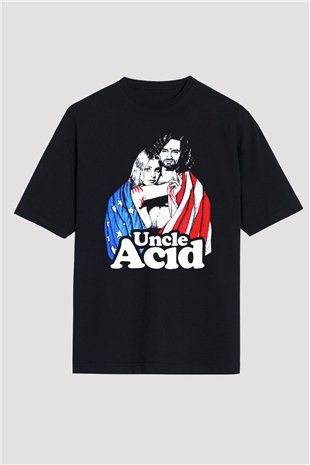 Uncle Acid Baskılı Unisex Siyah Oversize Tişört - Tshirt