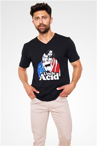 Uncle Acid Baskılı Unisex Siyah V Yaka Tişört - Tshirt