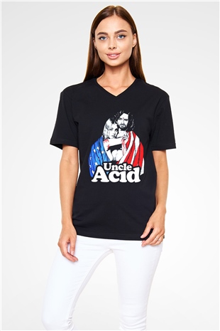 Uncle Acid Baskılı Unisex Siyah V Yaka Tişört - Tshirt