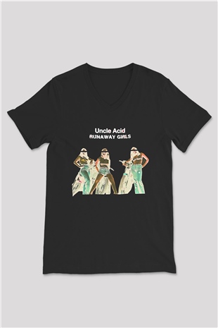 Uncle Acid Baskılı Unisex Siyah V Yaka Tişört - Tshirt