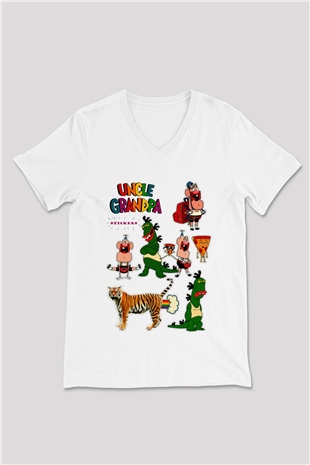 Uncle Grandpa Beyaz Unisex V Yaka Tişört