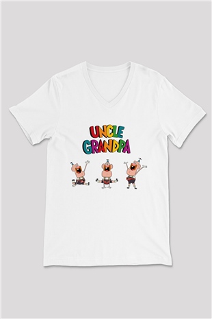 Uncle Grandpa Beyaz Unisex V Yaka Tişört T-Shirt