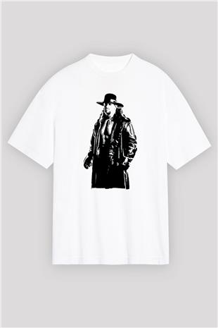 Undertaker Baskılı Beyaz Unisex Oversize Tişört - Tshirt