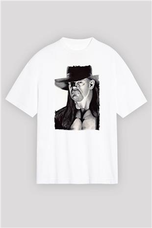 Undertaker Baskılı Beyaz Unisex Oversize Tişört - Tshirt